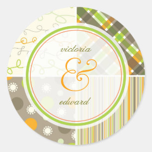 Retro Sinaasappel Groen Combo Patroon Bruiloft Sti Ronde Sticker
