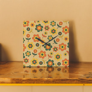 Retro  Sinaasappel jaren '70 bloempatroon Vierkante Klok