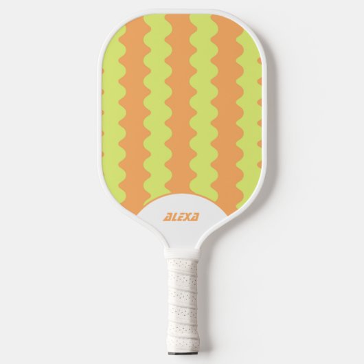 Retro Sinaasappel Lime Green 70s Stripes 90s Squig Pickleball Paddle (Voorkant)