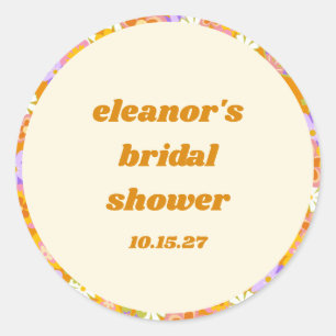 Retro Sinaasappel Paarse Bloemen Custom Vrijgezell Ronde Sticker