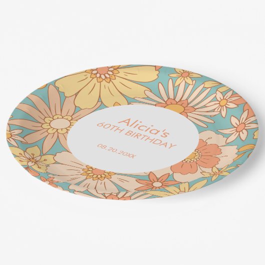 Retro Sinaasappel Perzik Botanisch Groen 60e Verja Papieren Bordje (Gekanteld)