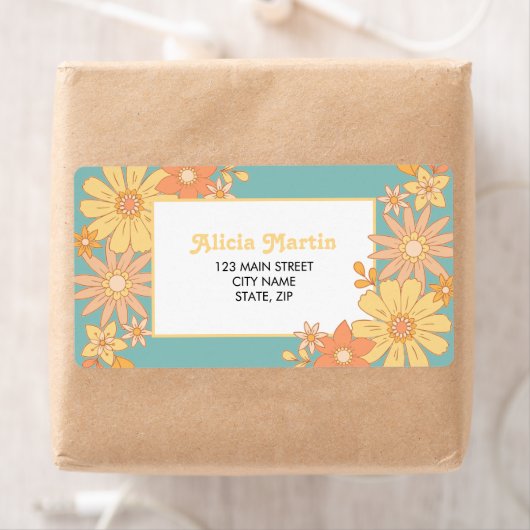 Retro Sinaasappel Perzik Flora Groovy Adres Etiket (Insitu)