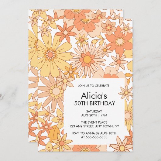 Retro Sinaasappel Perzik Flora Patroon 50e verjaar Kaart (Voorkant / Achterkant)