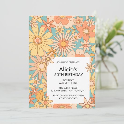 Retro Sinaasappel Perzik Flora Patroon 60e Verjaar Kaart (Staand voorkant)