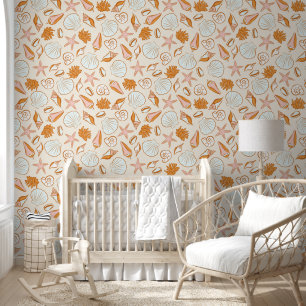 Retro Sinaasappel & Red Nautical Seashell Behang