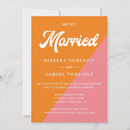 Retro Sinaasappel Roze Kleur Blok Bruiloft Casual  Kaart (Voorkant)