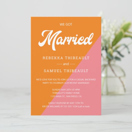 Retro Sinaasappel Roze Kleur Blok Bruiloft Casual  Kaart (Staand voorkant)