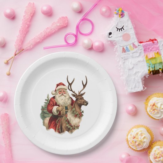 Retro Sinterklaas en rendieren Kerstmis Papieren Bordje (Feest)