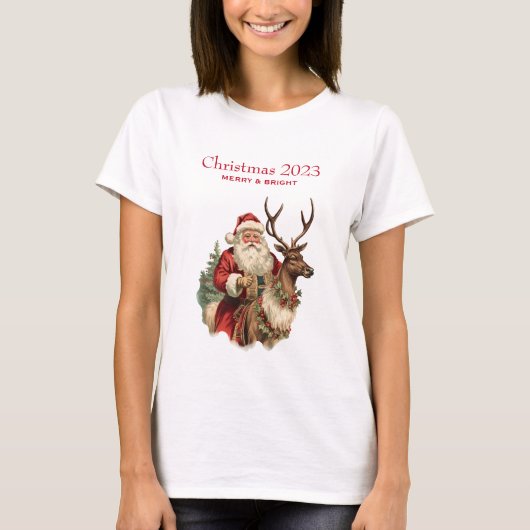 Retro Sinterklaas Rijden Een Rendier Kerstmis T-shirt (Voorkant)