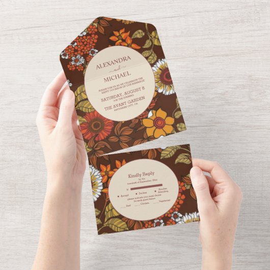 Retro  Sixties Terracotta Wedding All In One Uitnodiging (Afscheurbaar)