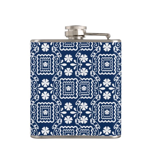 retro sixties wit blauw bloemmotief heupfles (Achterkant)