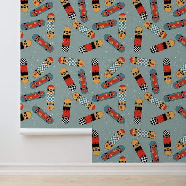 Retro Skateboard Blue Cool Pattern Kinder Behang (Applicatie)