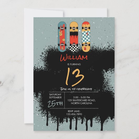 Retro Skateboard Blue Cool Spray Paint Verjaardag Kaart (Voorkant)