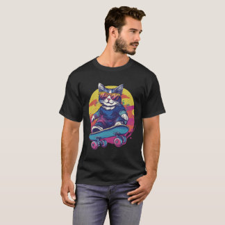 Retro Skater Katze Mit Sonnenbrille Cooles Skatebo T-shirt