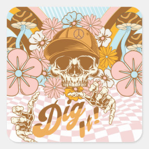 Retro Skelet Botanische Bloemen Vierkante Sticker