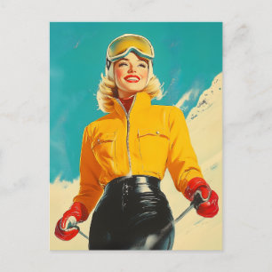 Retro Skiën Glamour Winteravontuur Briefkaart