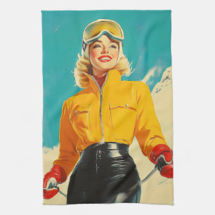 Retro Skiën Glamour  Winteravontuur Theedoek