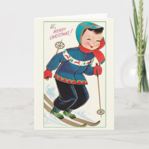 Retro Skier-kerstWenskaart Feestdagen Kaart