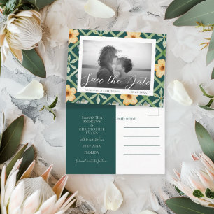 Retro Smaragd Bloemen Foto Trouwkaart Opslag Datum Briefkaart