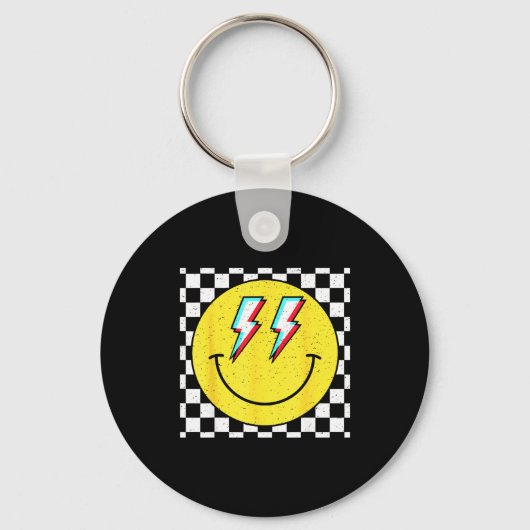 Retro Smile Face Checkered Pattern Preppy Happy Fa Sleutelhanger (Voorkant)