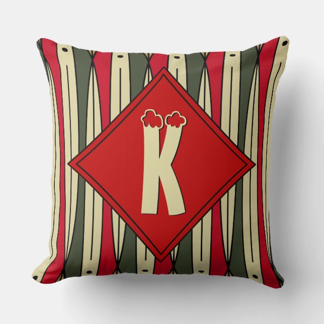 Retro snaarkunst in kerstkleuren - monogram kussen (Voorkant)