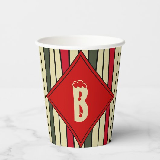 Retro snaarkunst in kerstkleuren - monogram papieren bekers (Achterkant)