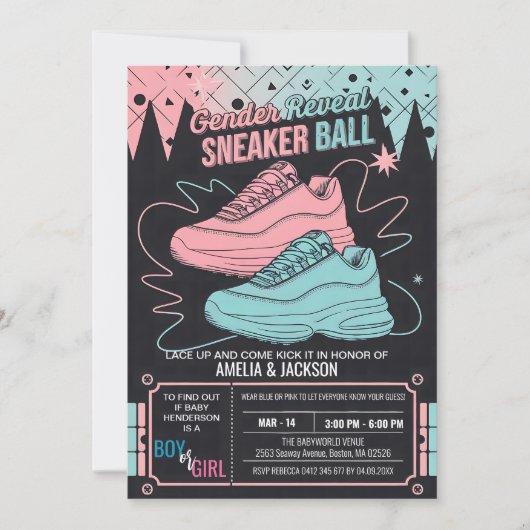 Retro Sneaker Ball Uitnodiging 90s Gender Reveal (Voorkant)