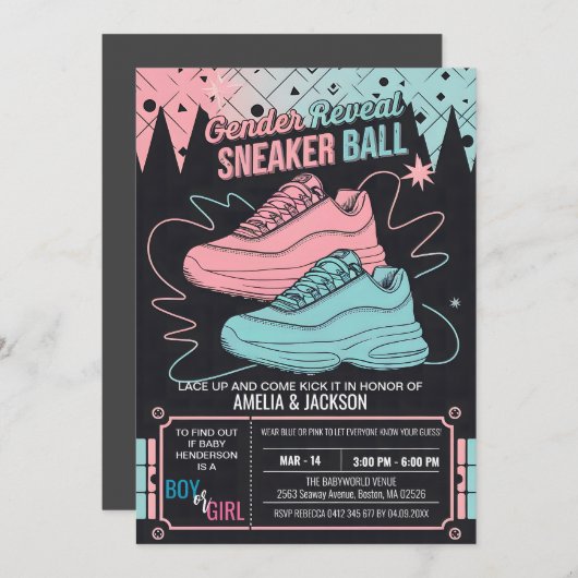 Retro Sneaker Ball Uitnodiging 90s Gender Reveal (Voorkant / Achterkant)
