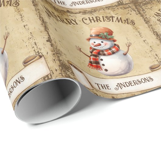 Retro Sneeuwman Custom Vrolijk Kerstfeest Cadeaupapier (Rol Hoek)