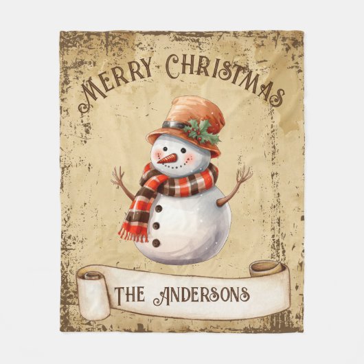 Retro  Sneeuwman Custom Vrolijk Kerstfeest Fleece Deken (Voorkant)
