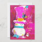 retro sneeuwman roze kerst nieuwjaar feestdagenkaart (Voorkant)