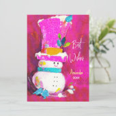 retro sneeuwman roze kerst nieuwjaar feestdagenkaart (Staand voorkant)