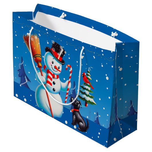 Retro sneeuwman, Schattigee hond, rode kardinaal e Groot Cadeauzakje (Achterkant Gekanteld)