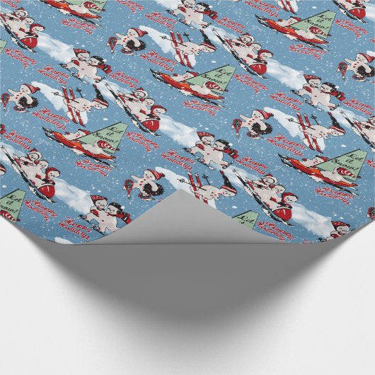 Retro Sneeuwmannen Wintersport op Blauw Cadeaupapier (Hoek)