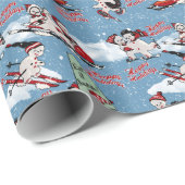 Retro Sneeuwmannen Wintersport op Blauw Cadeaupapier (Rol Hoek)