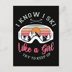 Retro  sneeuwskki als een meisje probeert te blijv feestdagenkaart