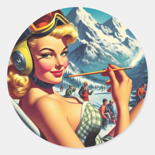 Retro Snowboard Girl Ronde Sticker (Voorkant)