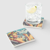 Retro Snowboard Girl Stenen Onderzetter (Zijkant)