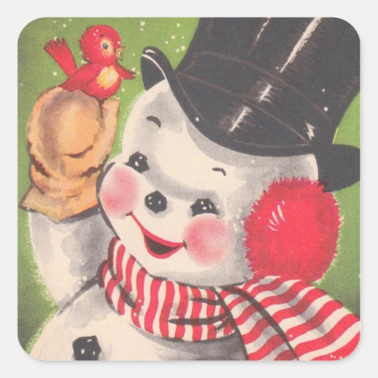 Retro Snowman Kerstmis Vierkante Sticker (Voorkant)