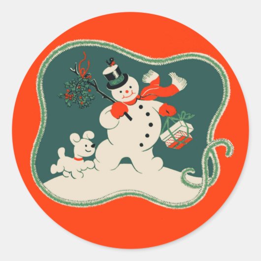 Retro Snowman Ronde Sticker (Voorkant)
