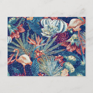 Retro Snowy Tropical Flamingo Paradise Waterverf Briefkaart
