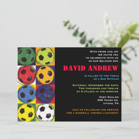 Retro SOCCER ThreadBar Bat Mitzvah Uitnodiging (Staand voorkant)