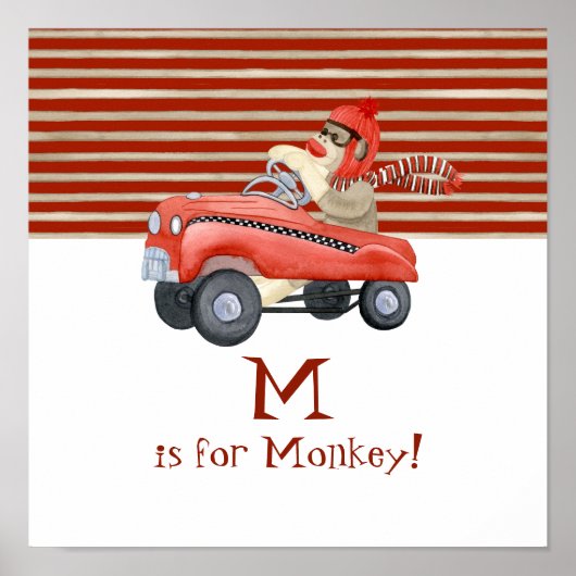 Retro Sock Monkey met Voetauto Baby Jongen Cadeaus Poster (Voorkant)