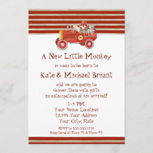 Retro Sock Monkey w Fire Engine Baby-cadeautjes Kaart