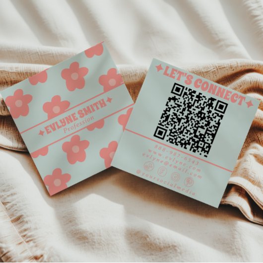 Retro Soft Pink Blue QR Code Groovy Floral Girly  Vierkante Visitekaartje