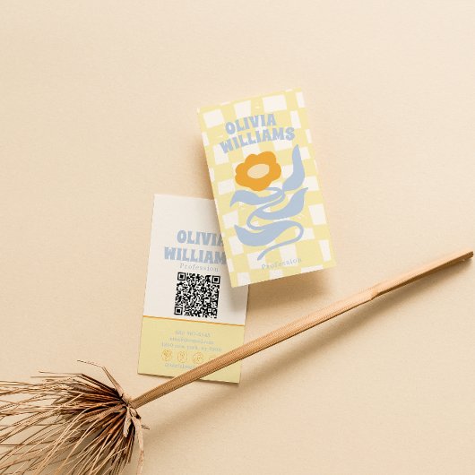 Retro Soft QR Code Boho Groovy Checkered Floral Visitekaartje