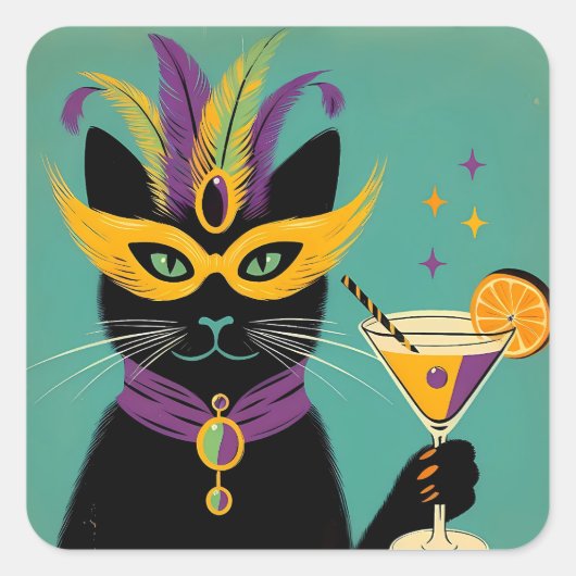 Retro Sophisticats Its Time to Mardi Gras Martini Vierkante Sticker (Voorkant)