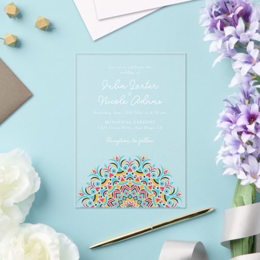 Retro Spaans Abstract Bloemen Mandala Huwelijk Acryl Uitnodigingen (Insitu (Huwelijk))