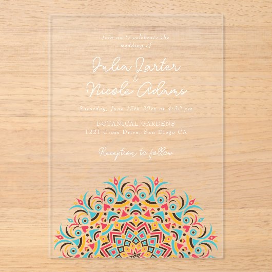 Retro Spaanse Abstracte Bloemige Mandala Bruiloft Acryl Uitnodigingen (Voorkant)