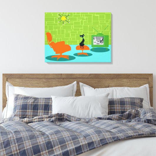 Retro Space Age Kat Uitgerekte Canvas Print (Insitu (Slaapkamer))